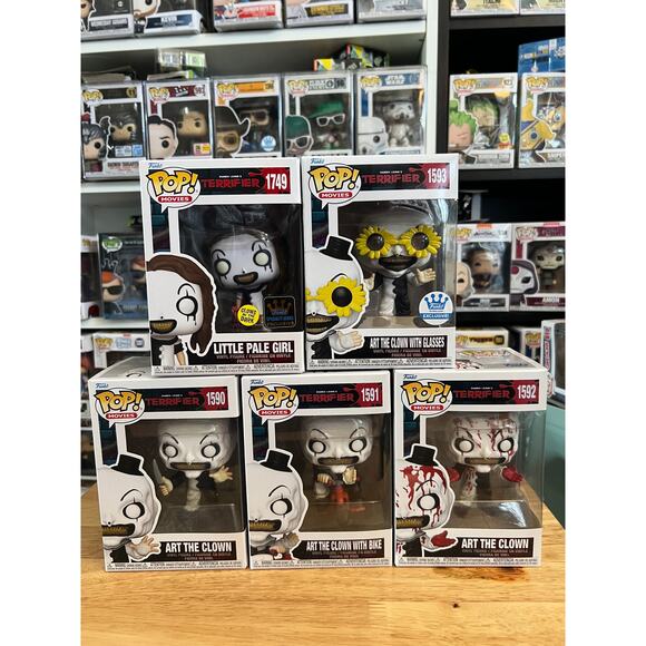 5 Terrifier Funko Pops EXCLUSIVE Art Clown Glasses Bike Bloody Little Pale Girl - Picture 1 of 1